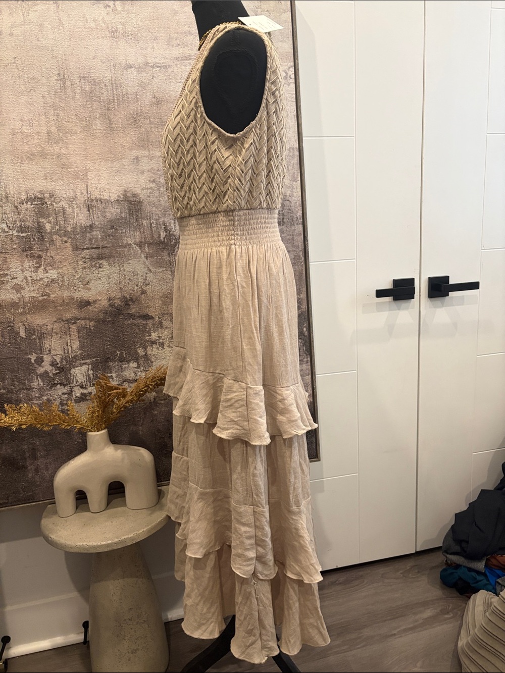 Sleeveless Beige Tiered Maxi Dress with Smocked Waist - Picture 4 of 8